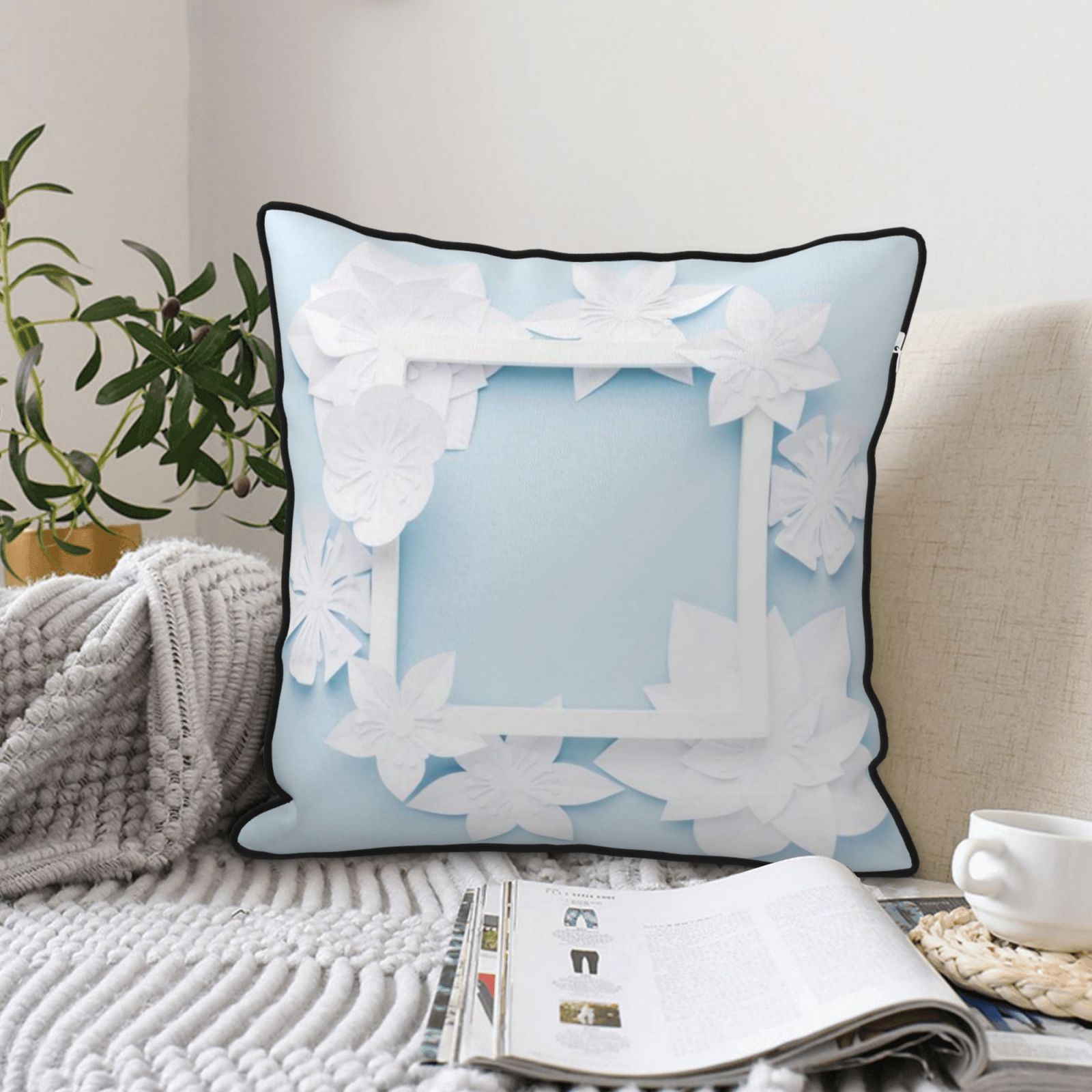 Velvet-trimmed throw pillow