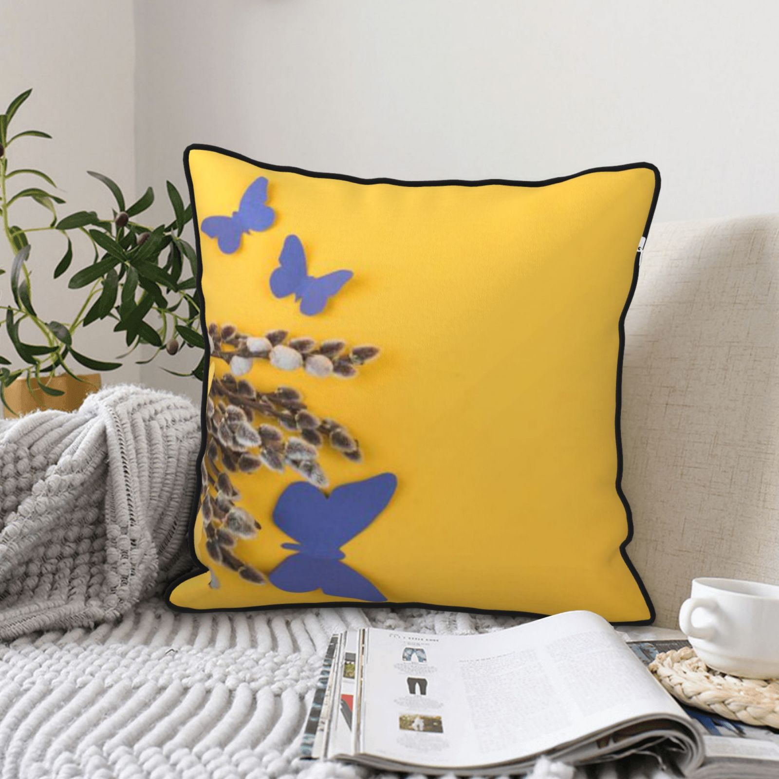 Velvet-trimmed throw pillow