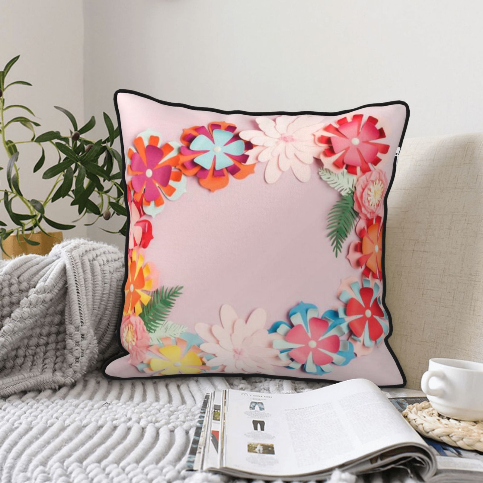 Velvet-trimmed throw pillow