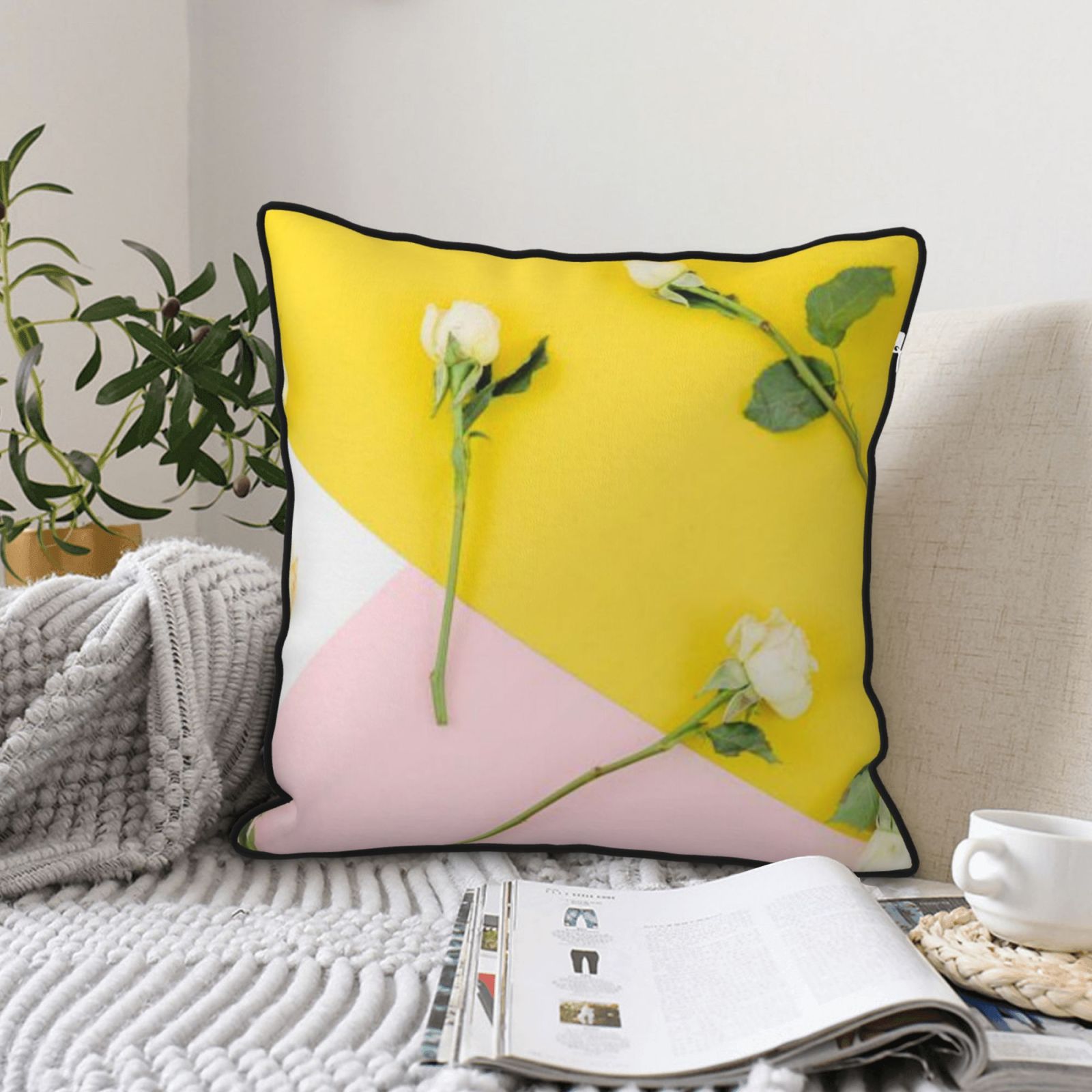 Velvet-trimmed throw pillow