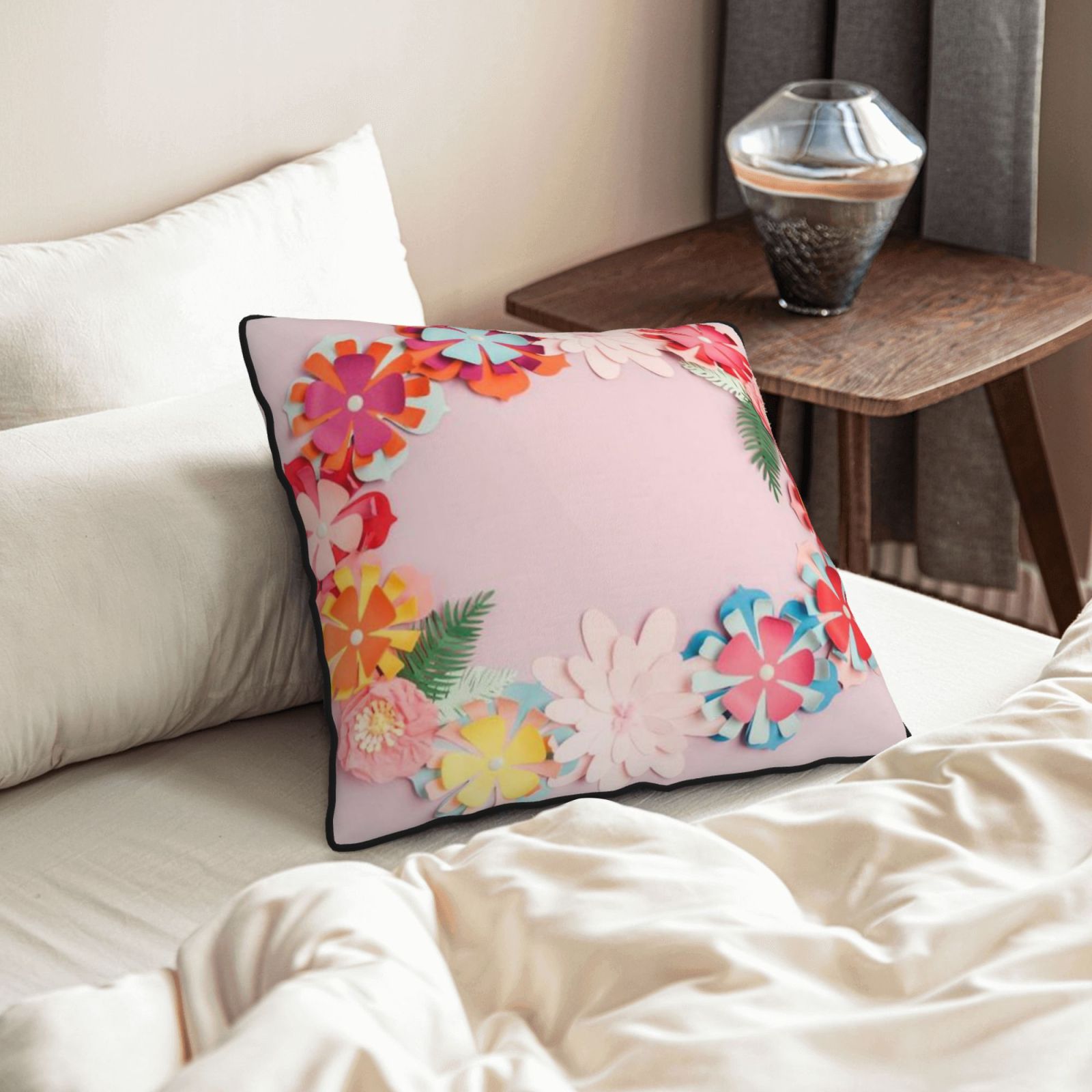 Velvet-trimmed throw pillow